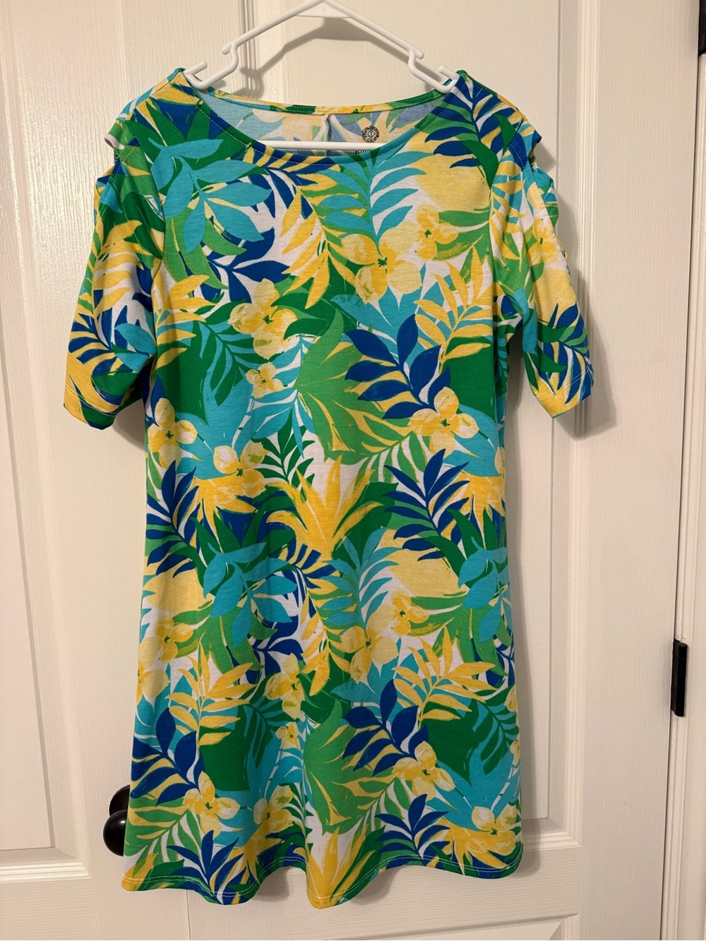 Ruby Rd. Tropical Floral Shift Dress in Green, Yellow & Blue